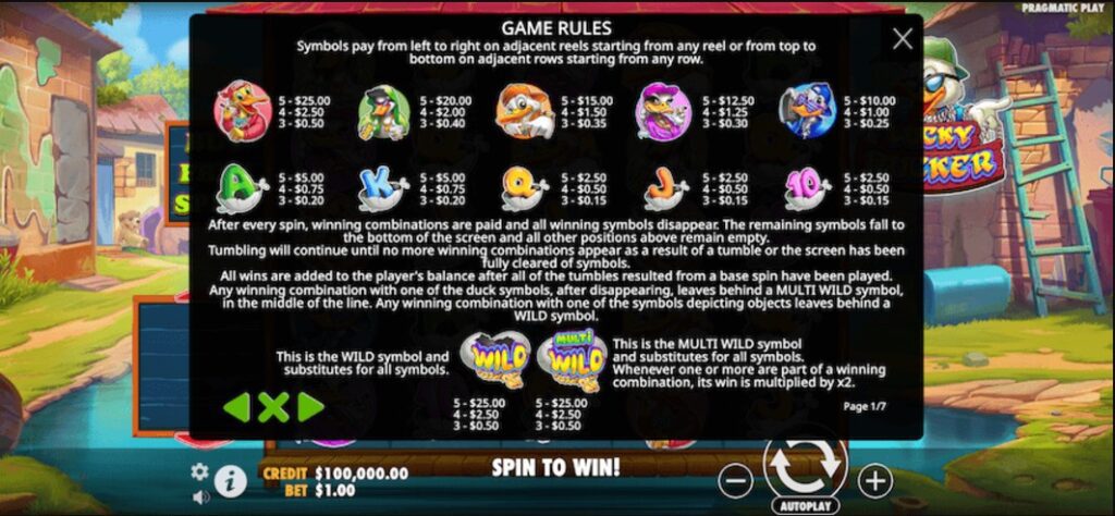 2 Símbolos y Pagos de Lucky Ducker